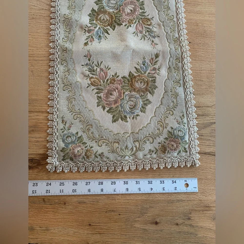 Vintage Victorian Embroidered Table Runner Pink Green Ivory Res Backing Lace Pre
